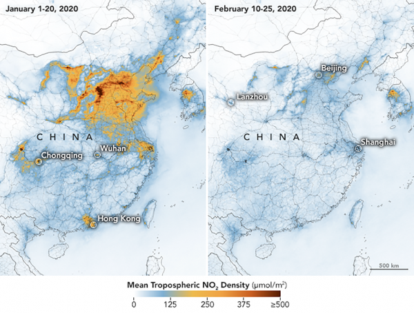 武汉肺炎爆发对中国经济活动产生了一种意想不到的“副作用”。根据美国国家航空航天局（NASA）提供的图像显示，今年1月1日至20日（中国官方正式宣布武汉肺炎疫情之前）对比今年2月10日至25日，这段时间内中国大陆二氧化氮排放量急遽减少。通常汽车、发电厂和工业设施会排放出二氧化氮这种有毒的气体。