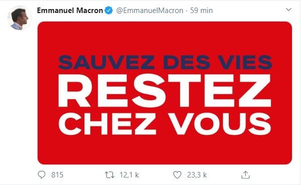 马克龙推特上呼吁所有法国人在抗疫隔离期间都留在家中