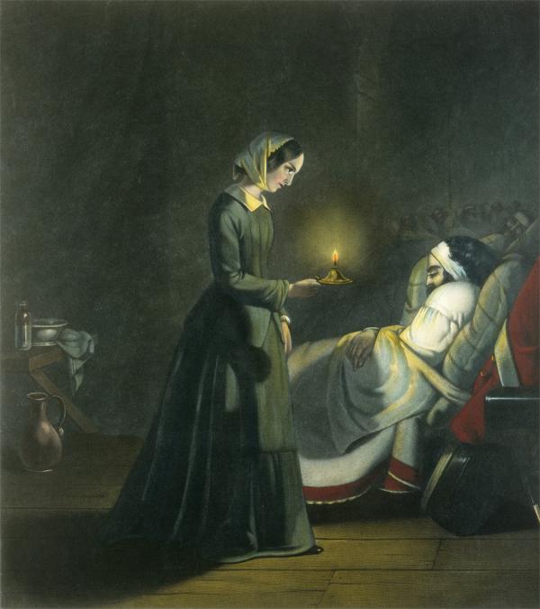 克里米亚战场上，南丁格尔夜晚拿着蜡烛在乌斯库达一家医院巡视伤员情景的画作，1855年（维基百科）