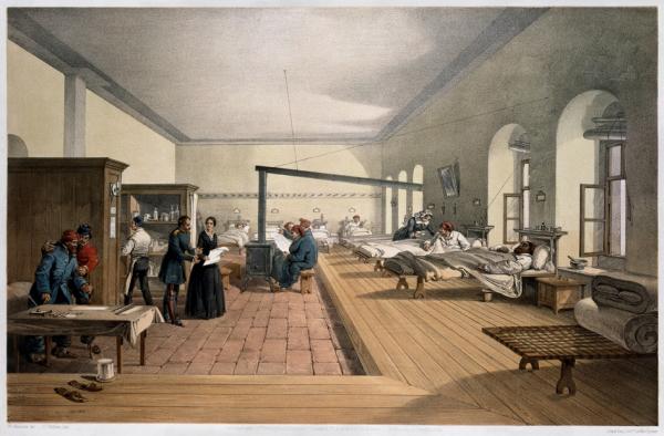 南丁格尔在乌斯库达一家医院工作的石版画，1856年（维基百科）