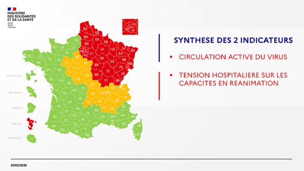 在5月3日发布法国疫情三色省图。由于法国各个省的疫情差异很大，政府会以病毒在当地的传播活跃度，以及医疗系统的紧张程度，作为衡量疫情状况的指标。感染人数少，急救病床充裕的地区，会以绿色标识，反之则用红色标识。（图片来源：法国社会团结与卫生部官网）
