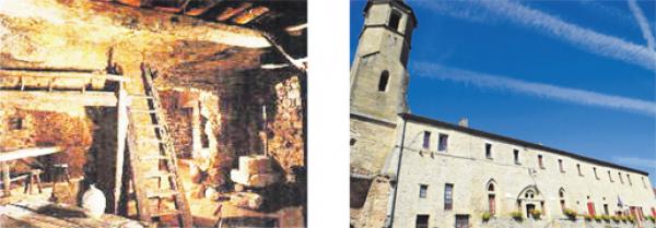 左图：小镇遗留下来的中世纪地下穴居遗址（公有领域）；右图：道明会修道院的教堂钟楼和如今的镇政府（MOSSOT/维基百科：CC BY-SA 3.0）。