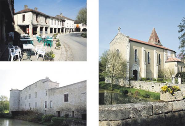 左上图：小镇街道；左下图：镇上的城堡（Jean-noël Lafargue/维基百科：FAL）；右图：圣-洛朗教堂（Jean-noël Lafargue/维基百科：FAL）。