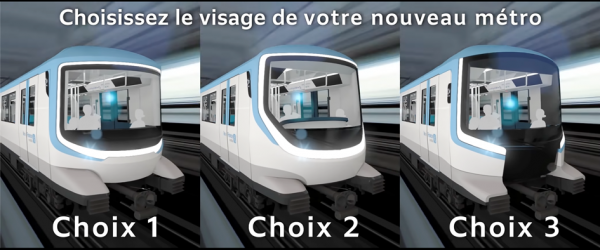 法兰西岛外环地铁线将使用的新列车的三种车头外观选择（大巴黎交通建设局Société du Grand Paris视频截图）