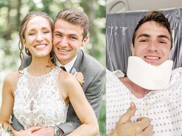 左图：Clay和Acaimie的结婚照。右图：经过抢救和治疗，Clay渐渐恢复。