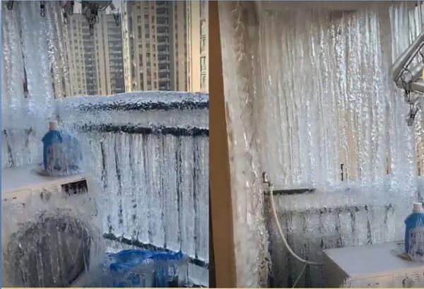 北方网友上传的因天气寒冷，阳台被冰封的照片。