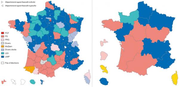 左图：法国2015年省议会选举后各省议会主席所属政党示意图。红：法国共产党(极左)；深粉：社会党(传统左派)；浅粉：左派激进党；灰：其它；橙色：民主运动党（中）；浅蓝：混杂右翼；绿色：民主人士和独立人士联盟（中间派）；深蓝：人民运动联盟（传统右派）；白色：没有选举(Tomtom2732/wikipedia/CC BY-SA 4.0)。 右图：法国2015年大区议会选举后各大区议会主席所属政党示意图。深蓝：右派共和党；深粉：左派社会党；浅粉：混杂左翼；黄色：地区主义；绿色：中间派(Superbenjamin/wikipedia/CC BY-SA 4.0)。