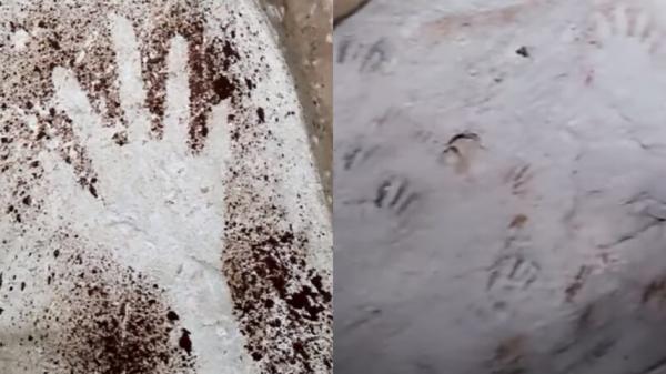 考古学家近日在墨西哥一处地下洞穴的岩壁上发现了137个黑色和红色的手印。据推测，这些手印与玛雅文明的成年仪式有关。（视频截图）