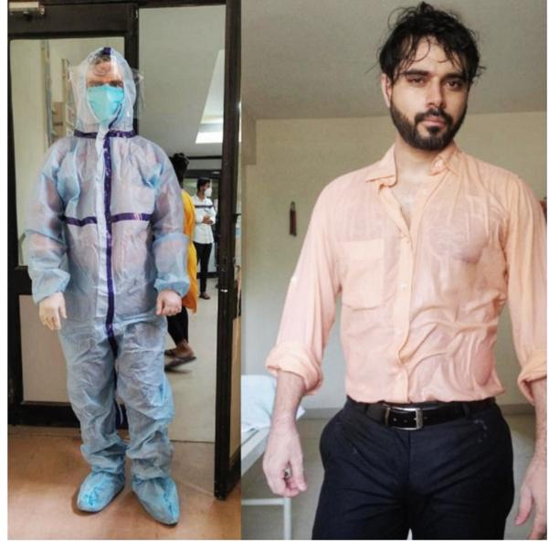 印度医生经过15小时的抢救工作后，汗水侵透全身。（Twitter/Sohil Makwana)