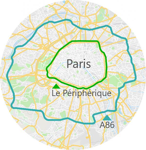 绿线：巴黎环城高速公路；蓝线：大巴黎A86高速公路（GiovanniMartin16/Wikipedia/CC BY-SA 4.0）