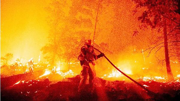 一名消防员正在火海中奋力灭火。（JOSH EDELSON/AFP via Getty Images）