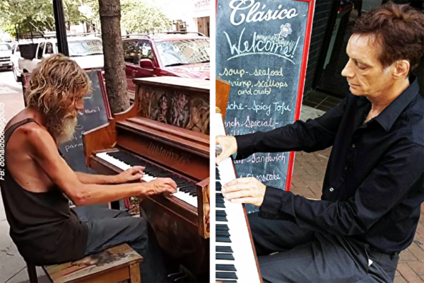 昔日流浪汉（左）现今成为网络追捧的钢琴家（右）。