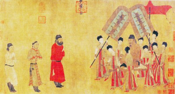 阎立本所绘的《步辇图》，图为唐太宗接见吐蕃使者禄东赞。(公有领域)