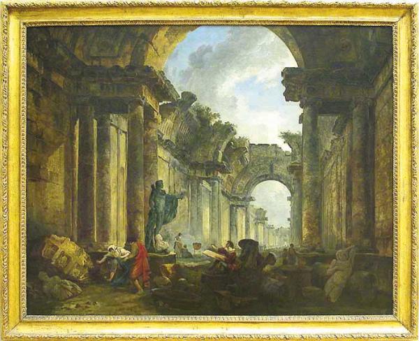 此作题为《浩劫中的卢浮宫大画廊幻想图》（局部），为法国巴黎画家罗伯特 (Hubert ROBERT 1733-1808) 作于1796年。画家于1796年在作品中描绘了预感中卢浮宫遭受浩劫的梦幻情形，在75年后成真，宫殿和大量艺术珍品真的被巴黎公社焚烧。卢浮宫的花廊和马尔赞长廊被焚毁，但幸好主体建筑无恙。