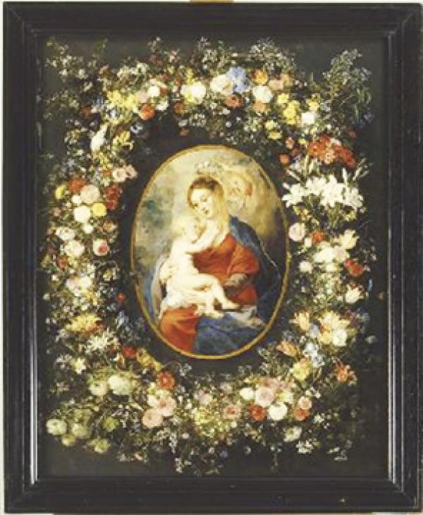 《花环中的圣母子》中的人物部分出自于弗拉芒著名画家鲁本斯之手，相传著名花卉画家老杨•布鲁格海尔专门为其四周加上装饰性的花环，形成了以手绘制出的椭圆形“花环画框”。在此基础上再度装以长方形木框，更显出了绘画艺术和装饰意识结合在一起的多重美感。
