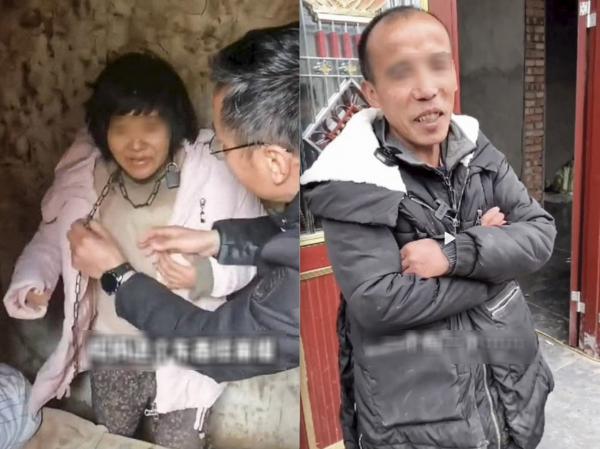 徐州一名八孩的母亲脖子上拴着铁链（左）与孩子的父亲董某民（右）。