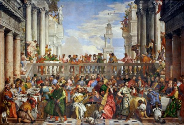 《喀纳婚宴》是意大利画家委罗内塞于1562-1563年所作。画幅达到6.77 x 9.94米，是卢浮宫里最大的布面油画，气势磅礴，人物众多，呼之欲出，堪称威尼斯画派的典范。（公有领域）