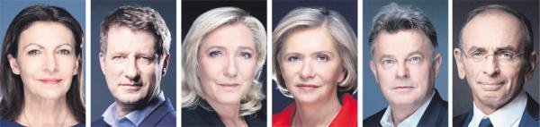 2月21日，在法国企业家会议上受邀的六位法国总统候选人，以姓氏字母排序。（JOEL SAGET/AFP via Getty Images）