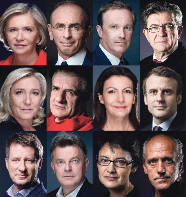 法国总统候选人，依次是：佩克莱斯（Valérie Pécresse）；泽穆尔（Éric Zemmour）；杜邦-艾南（Nicolas Dupont-Aignan）；梅郎雄（Jean-Luc Mélenchon）；勒庞（Marine Le Pen）；拉萨勒（Jean Lassalle）；伊达尔戈（Anne Hidalgo）；马克龙（Emmanuel Macron）；雅多（Yannick Jadot）；鲁塞尔（Fabien Roussel）；阿尔托（Nathalie Arthaud）；普图（Philippe Poutou）。