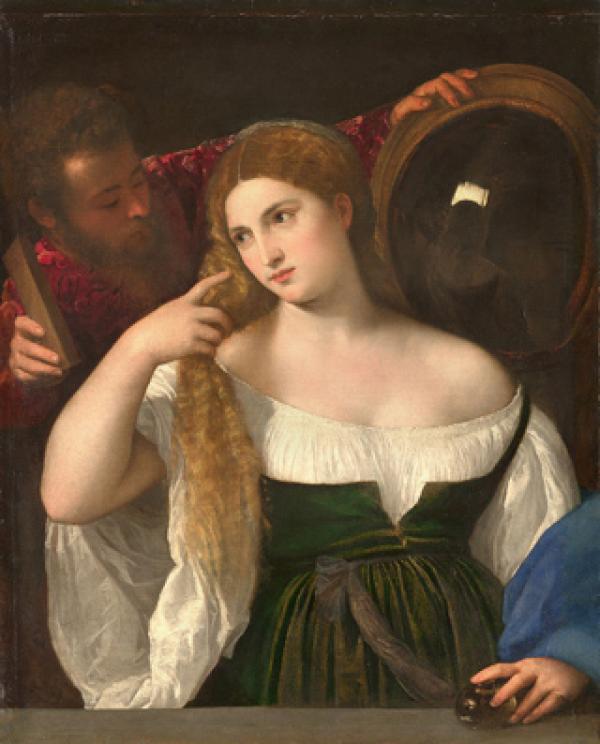 &quot;Svelature, trenta o quaranta!&quot;（“透明色，30或40层！”）这是意大利画家提香（Titian）著名的感叹。人物颈部、肩部光学灰的使用令罩染技法更出色地发挥它的魅力，形成了这幅完成于1515年的传世佳作《镜前女子》（La femme au miroir）。画中女人身上服饰和肌肤细腻微妙的色彩变化透过数十层透明色罩染被刻画得栩栩如生，这是使用今天大众所熟悉的直接调配颜料一两遍之后成型的技法所无法达到的，同样也是缺乏耐心和意志的画家们所无法采用的。因为即使一幅不大的多层罩染技法油画也需要数倍于直接技法的时间来完成，这就是为何古代大师们往往花费数月甚至数年的时间才能完成一幅画的原因之一。（公有领域）