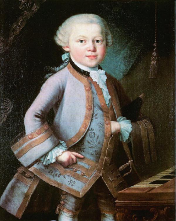 幼年莫扎特，1763年匿名的油画作品，可能由彼得罗•安东尼奥•洛伦佐尼所绘。（公有领域）