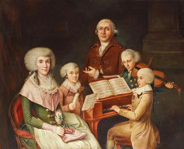 键盘上的莫扎特、小提琴手Thomas Linley与其他的天才儿童，为1770年私人收藏的匿名油画。（公有领域）