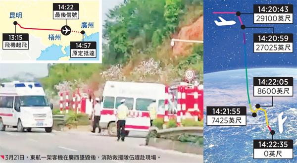 3月21日，中国东航一架搭载132人的波音737客机在广西坠毁。（图片来源：消防救援队：STR/AFPTV/AFP VIA GETTY IMAGES；地图背景：ADOBE STOCK；地图制作：看中国）