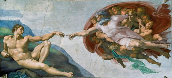 《创造亚当》是米开朗基罗创作的西斯廷教堂天顶画《创世纪》的一部分，创作于1511至1512年间的文艺复兴全盛期。这幅壁画描绘的是《圣经•创世纪》中上帝创造人类始祖亚当的情形，按照事情发展顺序是创世纪天顶画中的第四幅。