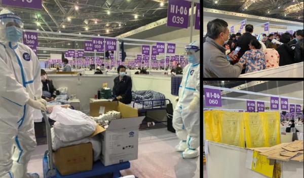 左图：上海方舱医院；右上图：一开始管理混乱，人们争先恐后地去买食物；右下图：人们试图使用废纸盒和塑料袋来创造一些隐私。