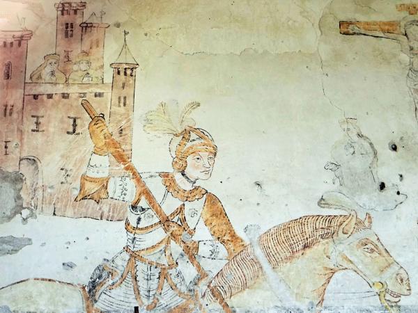 皮若勒镇圣弗瓦教堂保存的16世纪壁画，画中是通常以屠龙英雄形象出现的圣人圣乔治（MOSSOT/Wikimedia/CC BY-SA 3.0）。
