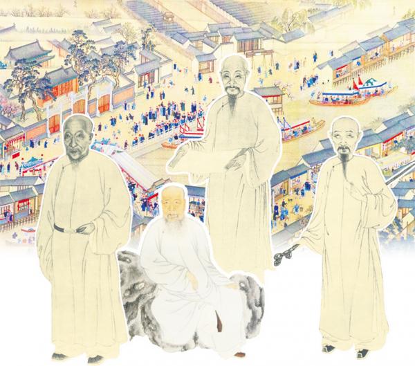 背景：《康熙南巡图》局部；左起：王时敏、王原祁、王鉴、王翚。（公有领域）