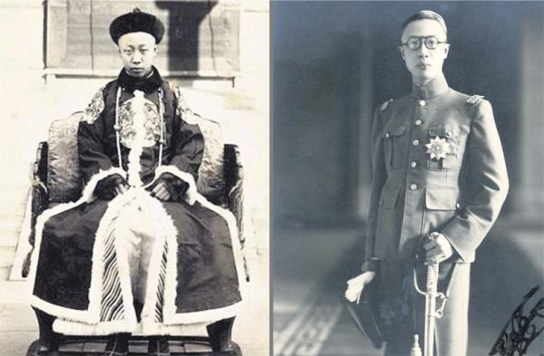 12岁的宣统帝溥仪（左）和满洲国时期的溥仪（右）。（公有领域）