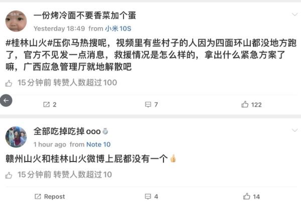 微博网友说：“大火已经烧了一天一夜了”“桂林这么大的山火，消息一压再压”。（图片来源：网路截图）