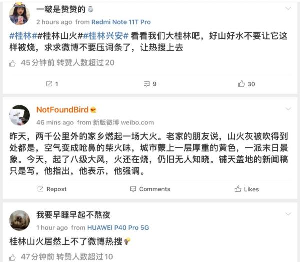 微博网友说：“桂林山火居然上不了微博热搜”。（图片来源：网路截图）