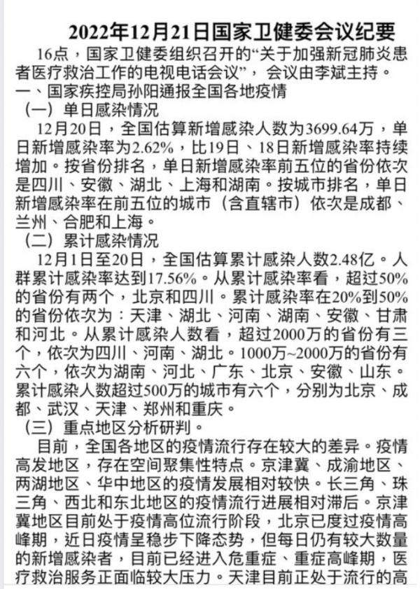 22日网传一份中国国家卫健委21日的会议纪要，显示中国12月以来至20日超过2.48亿人感染。（图片来源：网络截图）