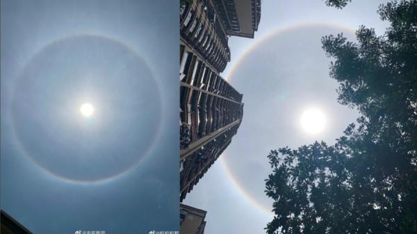 武汉13日中午天空突然出现太阳光圈现象。（图片来源：微博）