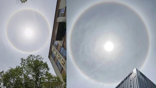 武汉13日中午天空突然出现太阳光圈现象（图片来源：微博）
