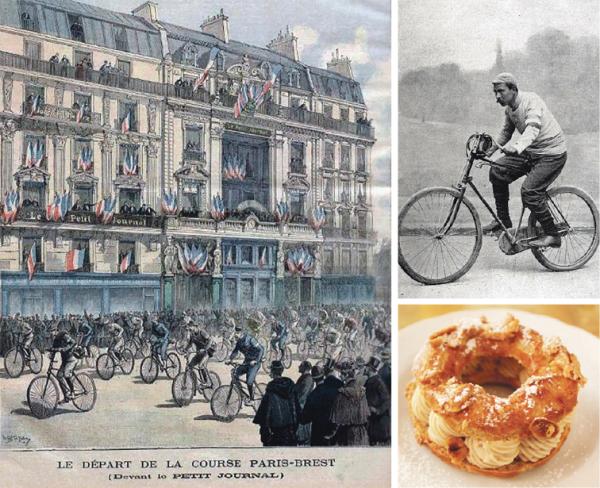 左图：1891年刊登在《小日报》第42期上的在报社门口出发的首届巴黎-布雷斯特-巴黎自行车赛（公有领域）；右上图：首届巴黎-布雷斯特-巴黎自行车赛冠军特龙（公有领域）；右下图：巴黎布雷斯特蛋糕（Deror_avi/Wikipedia/CC BY-SA 4.0）