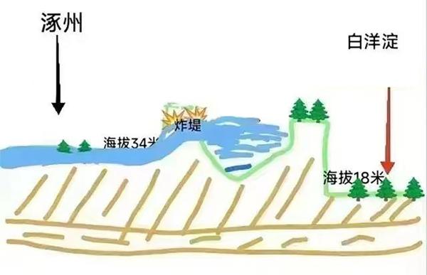 有网友发了一张示意图，指涿州（海拔34米）的地势比雄安（海拔18米）高，但洪水却进到了涿州，而不是雄安。