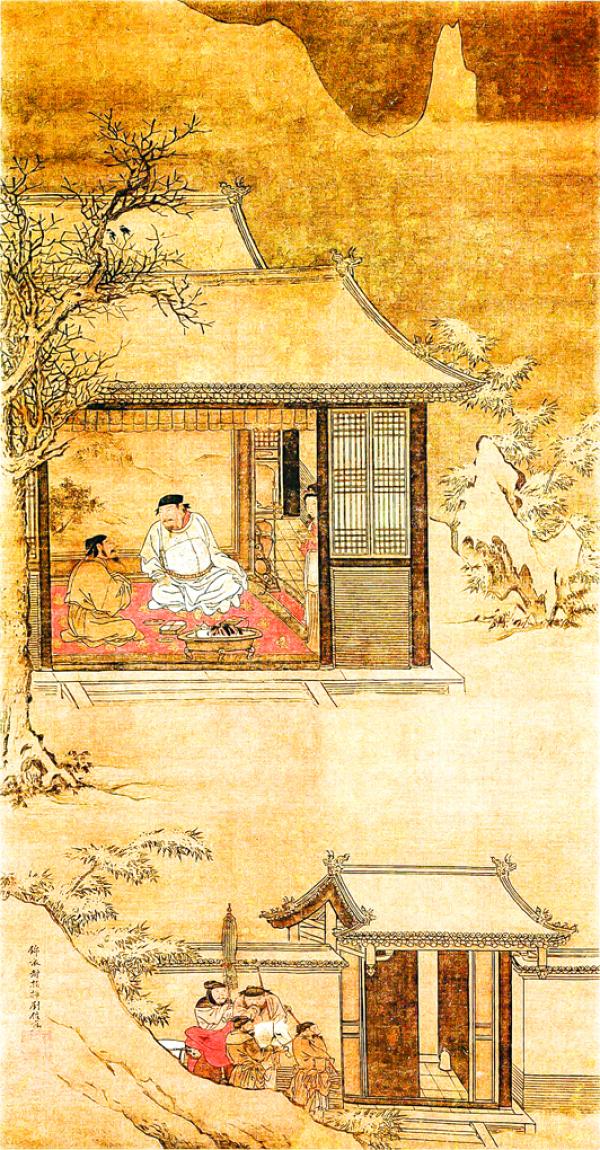 《雪夜访普图》，描绘了宋太祖在风雪之夜访问赵普，一边吃烤肉，一边咨询国家大事的情景。（公有领域）