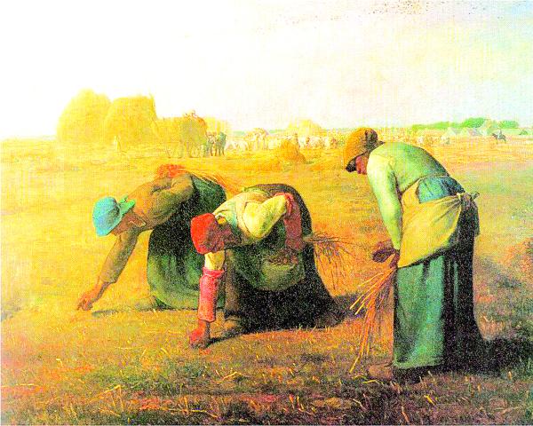 米勒的《拾穗》。画中农妇们捡起的虽是麦穗，实际上捡起的是生活里的苦难。（公有领域）