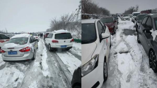 湖北暴雪天气造成堵车。（图片来源：网路截图）