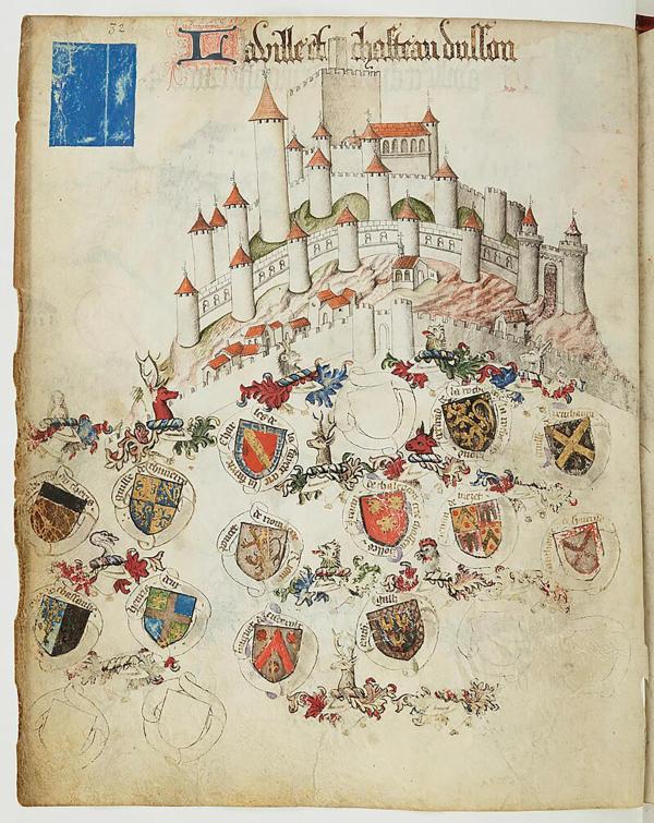 奥弗涅纹章记录册中15世纪要塞图绘制的古堡原貌（公有领域）