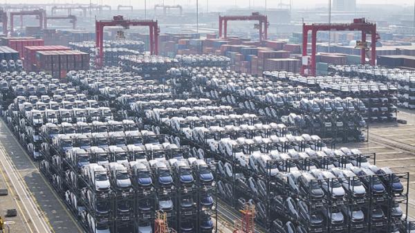 图为中国比亚迪（BYD）电动汽车等待装船。（STR/AFP via Getty Images）