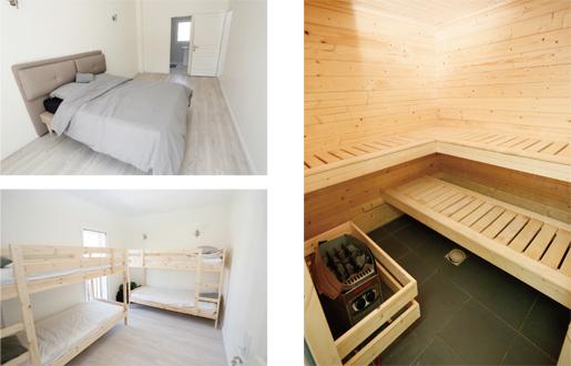 左上图和左下图：拳馆的寝室；右图：拳馆桑拿间。（摄影：宋源/看中国）
