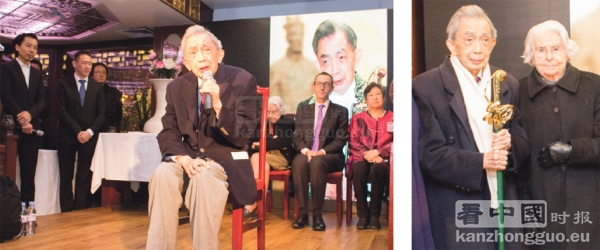 左图：法兰西学术院院士程抱一先生（François Cheng）在晚会上致辞。右图：程抱一手持法兰西学术院院士佩剑与夫人。 (摄影/林莲怡)