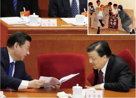 江泽民(右上)当年在赵紫阳面前“奴相”十足,如今两会上刘云山(右下)与习近平交谈时候的姿势与其如出一辙。(网络图片) 江泽民(右上)当年在赵紫阳面前“奴相”十足,如今两会上刘云山(右下)与习近平交谈时候的姿势与其如出一辙。(网络图片)