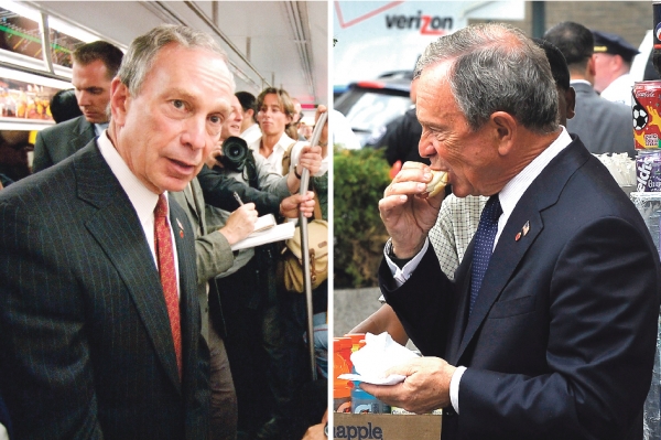 左图：布隆伯格坚持每天乘坐地铁上下班。右图：布隆伯格迎接到访的英国首相卡梅伦时，曾在纽约路边摊上自掏腰包花了两美元，为卡梅伦和自已各买了一只“热狗”，丝毫也不感