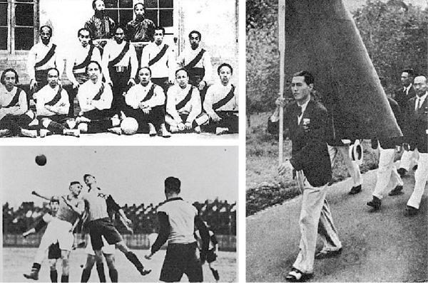 左上图:京师大学堂足球队。该校足球队成立于1910年。(网络图片) 左下图:上世纪初期,兰开夏队与法商队在打比赛。上海的外国侨民在1867年成立了“上海足球会”,中国人称之为“西联会”,成员主要有西商队、西捕队、法商队、英国驻沪军队等。(上海图书馆) 左上图:京师大学堂足球队。该校足球队成立于1910年。(网络图片) 左下图:上世纪初期,兰开夏队与法商队在打比赛。上海的外国侨民在1867年成立了“上海足球