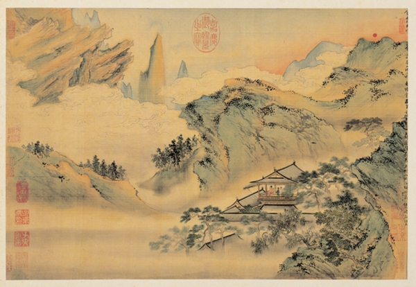 明代仇英的《临宋元六景》。 画作上有项元汴“墨林秘玩”等多方收藏印， 后副叶亦有其题跋及千字文第六八九“聆”字编号，可能是仇英受聘于项家时所作。（台北故宫博物院